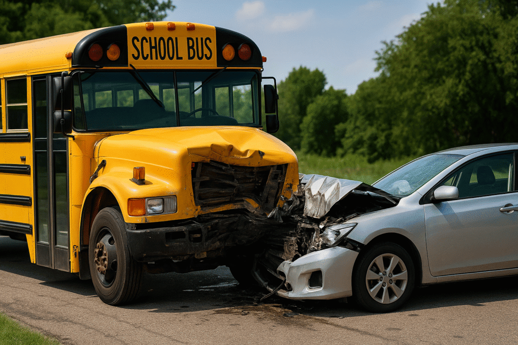 School bus and silver sedan collide on rural Houston road with front-end damage