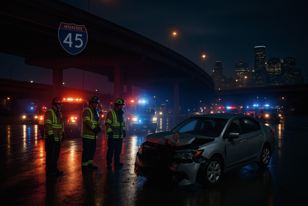 Wrecked car and emergency responders on I-45 in Houston