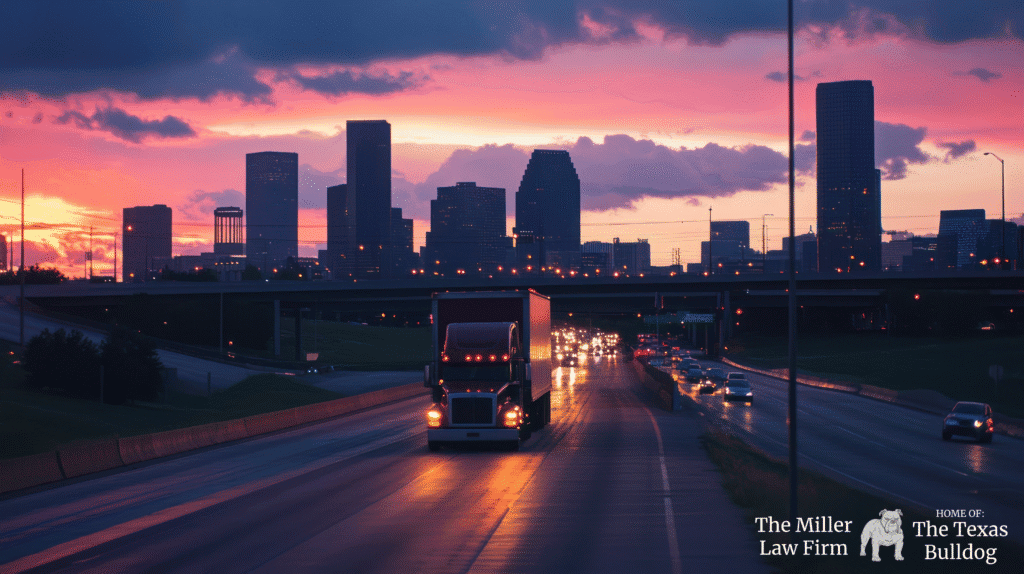 Houston highway with 18 wheeler trucks highlighting risk of accidents