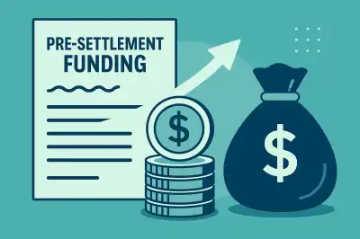 Illustration of document, coins, and money bag symbolizing pre-settlement funding
