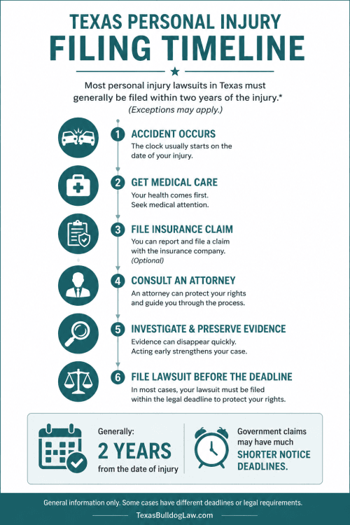 Texas personal injury filing timeline infographic showing the general two-year statute of limitations, from the date of injury through filing a lawsuit, including important exceptions for government claims.