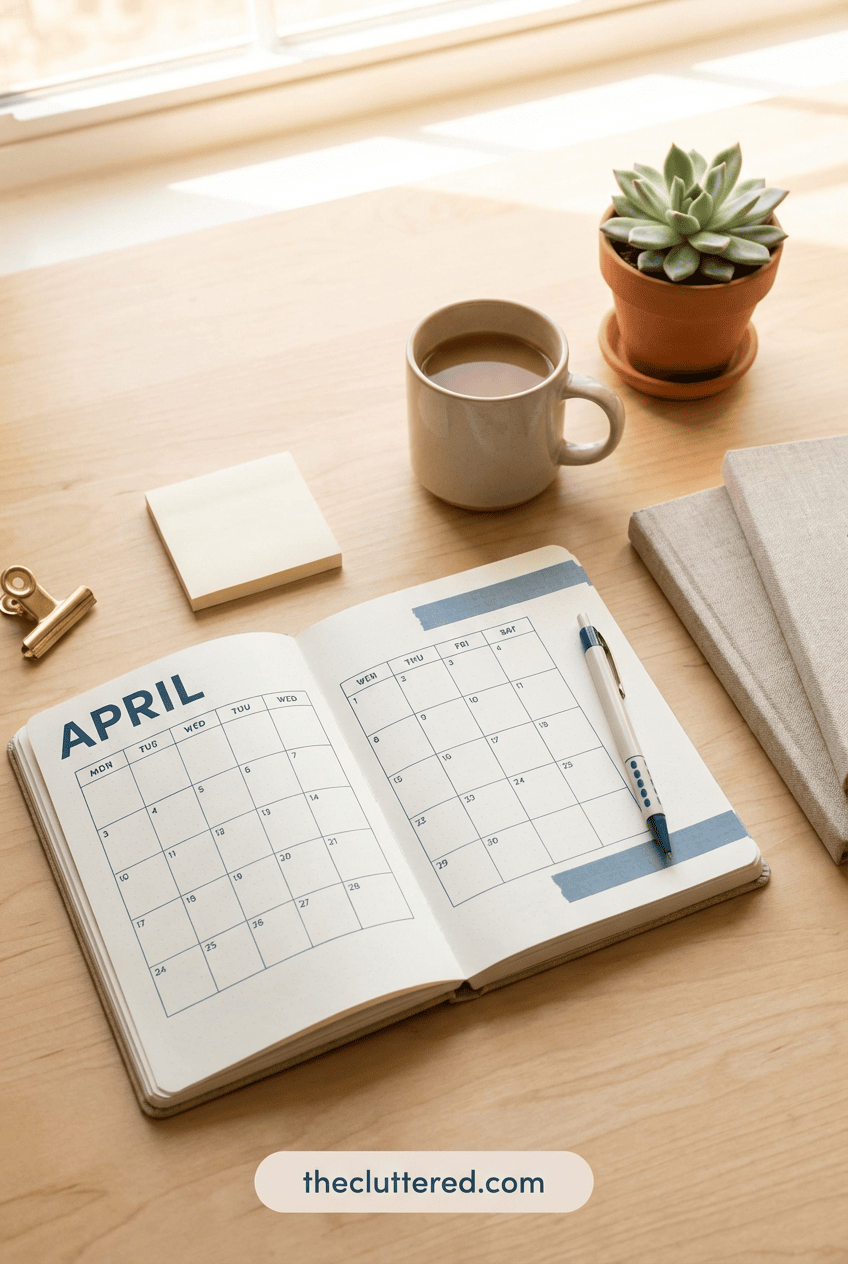 A cozy, softly lit desk or reading nook with warm neutral tones matching The Cluttered's aesthetic