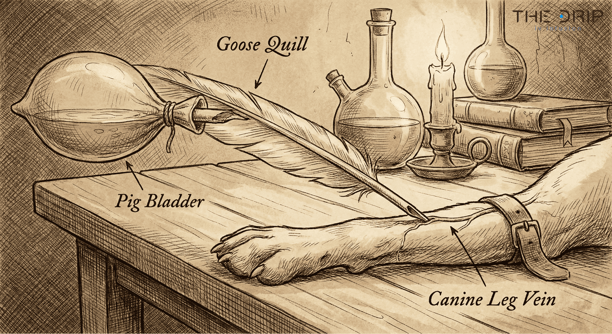 Illustration of Wren’s 1656 IV experiment using goose quills and pig bladders on a dog.