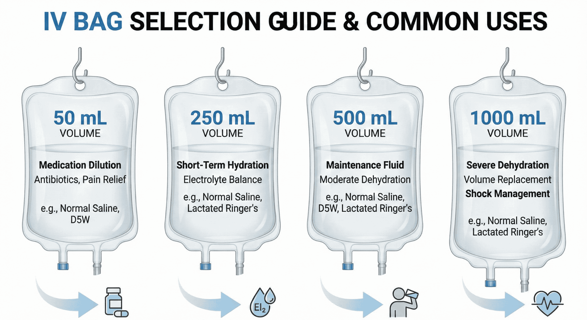 Visual guide comparing IV bag volumes and their typical uses in therapy.