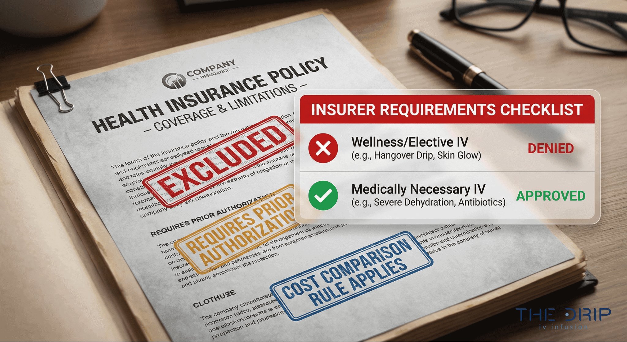 Mock insurance policy showing how insurers define and exclude alternative IV therapies