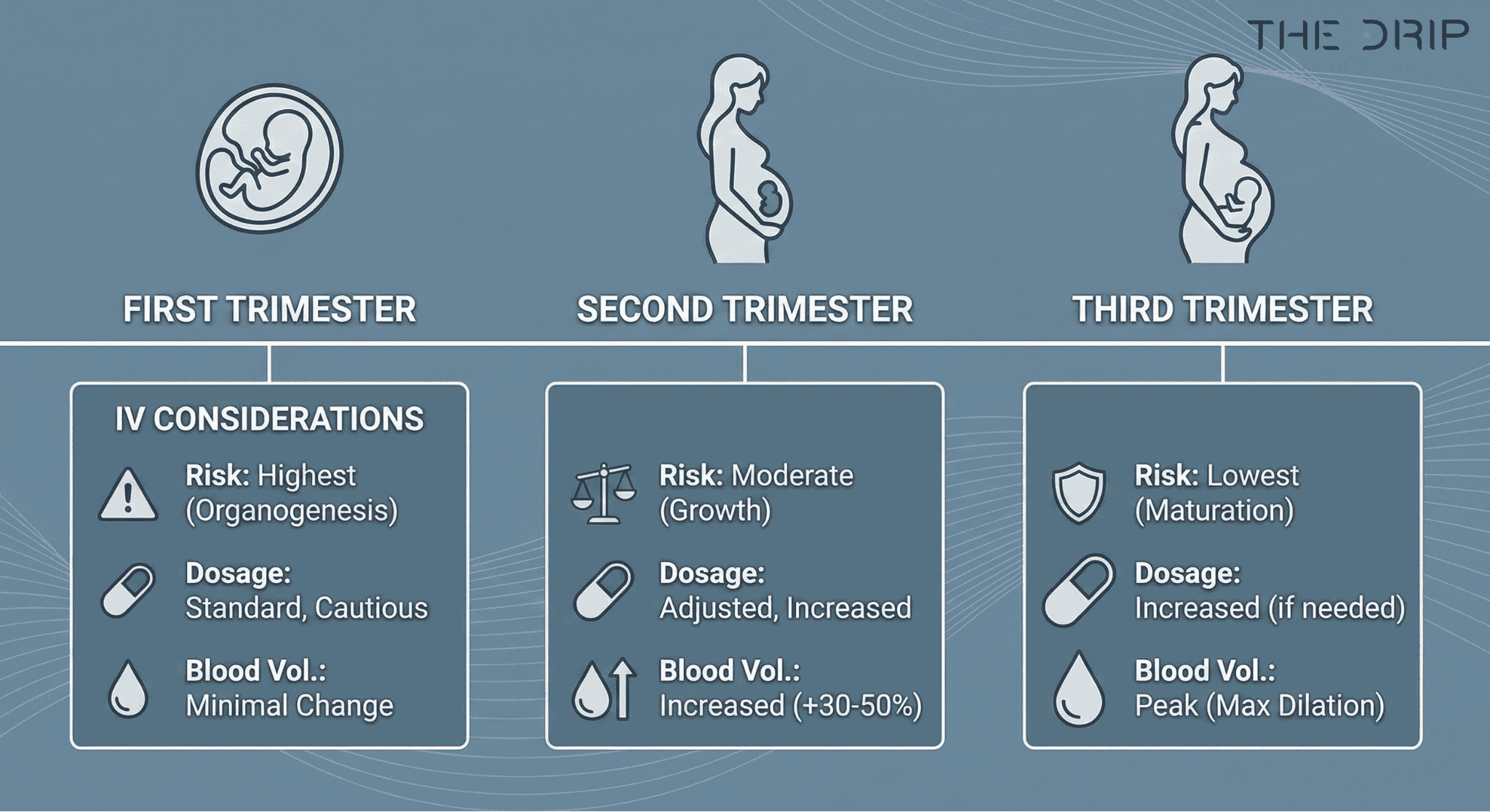 Timeline showing trimester-specific IV therapy considerations and safety factors.