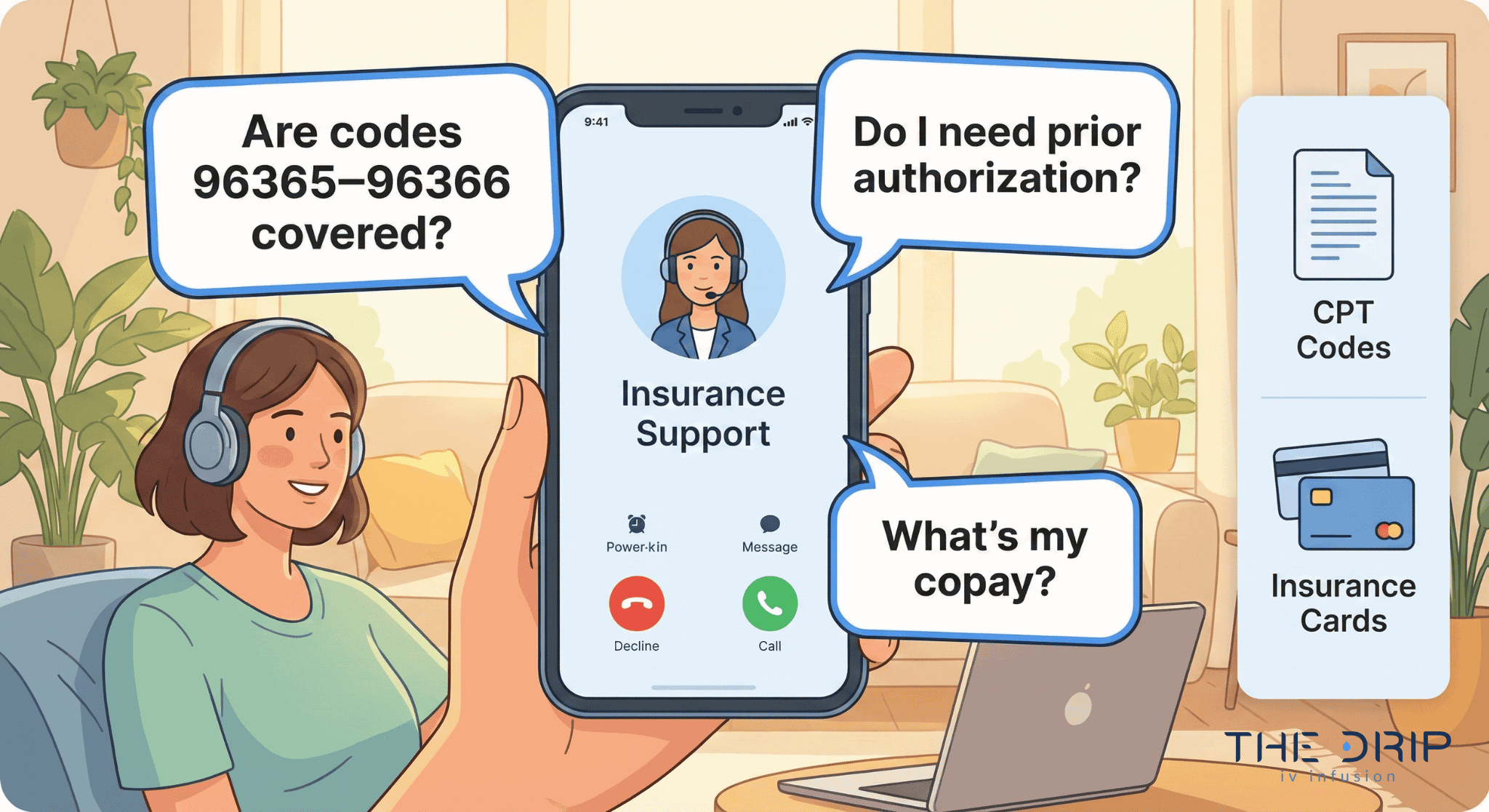 Illustration of a patient asking key questions to insurance about IV therapy coverage