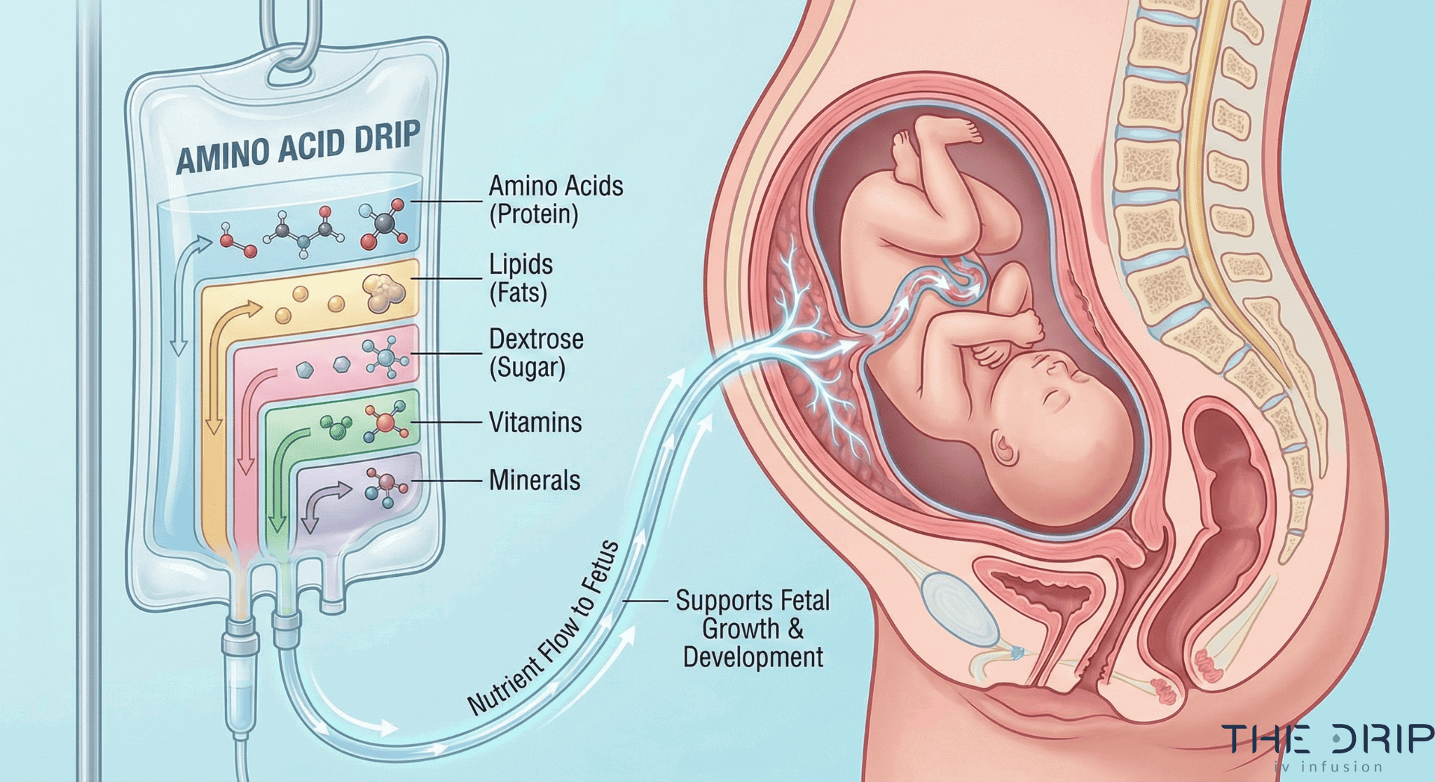 Labeled amino drip IV bag showing nutritional components and fetal growth benefits.