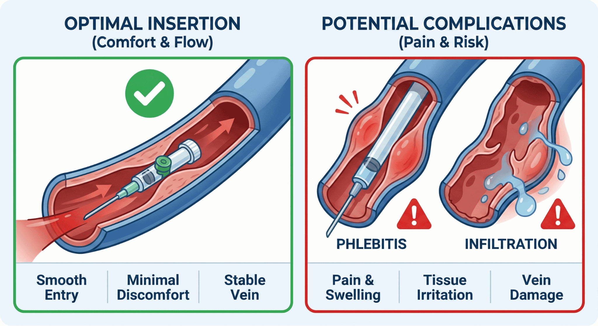 Comparison of safe IV insertion versus complications like infiltration and vein trauma.