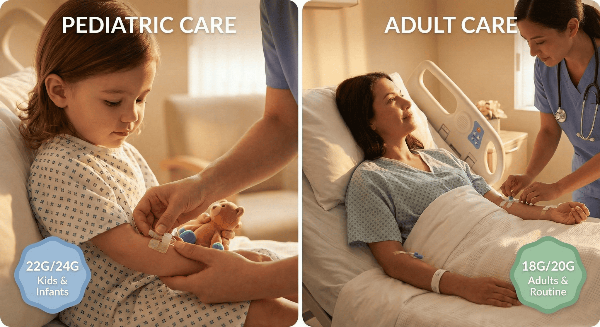 Comparison of IV needle use in children versus adults with size indicators.