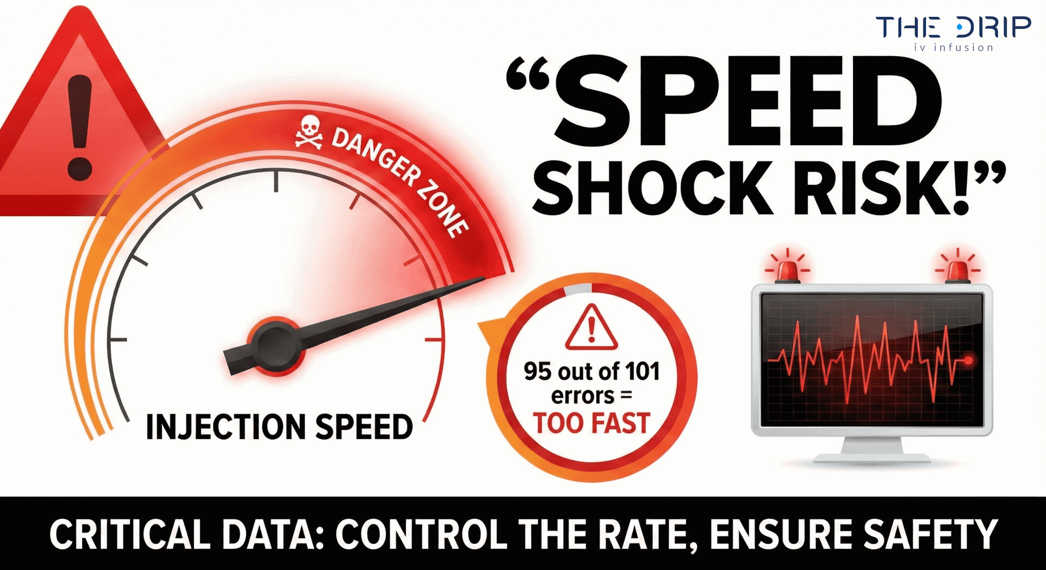 Infographic highlighting risks of speed shock from fast IV bolus injection.
