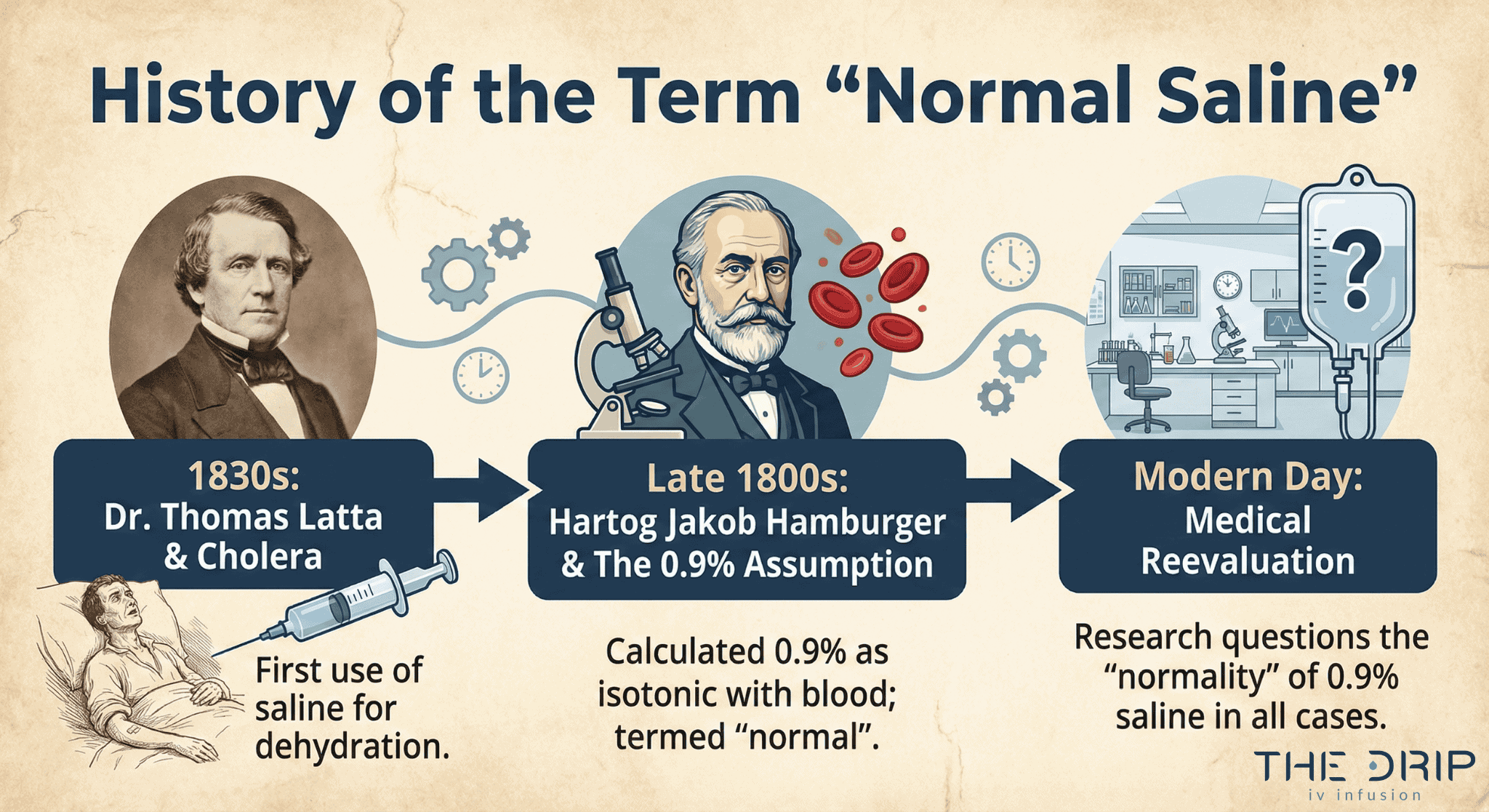 Timeline graphic showing key historical events behind the creation and naming of Normal Saline