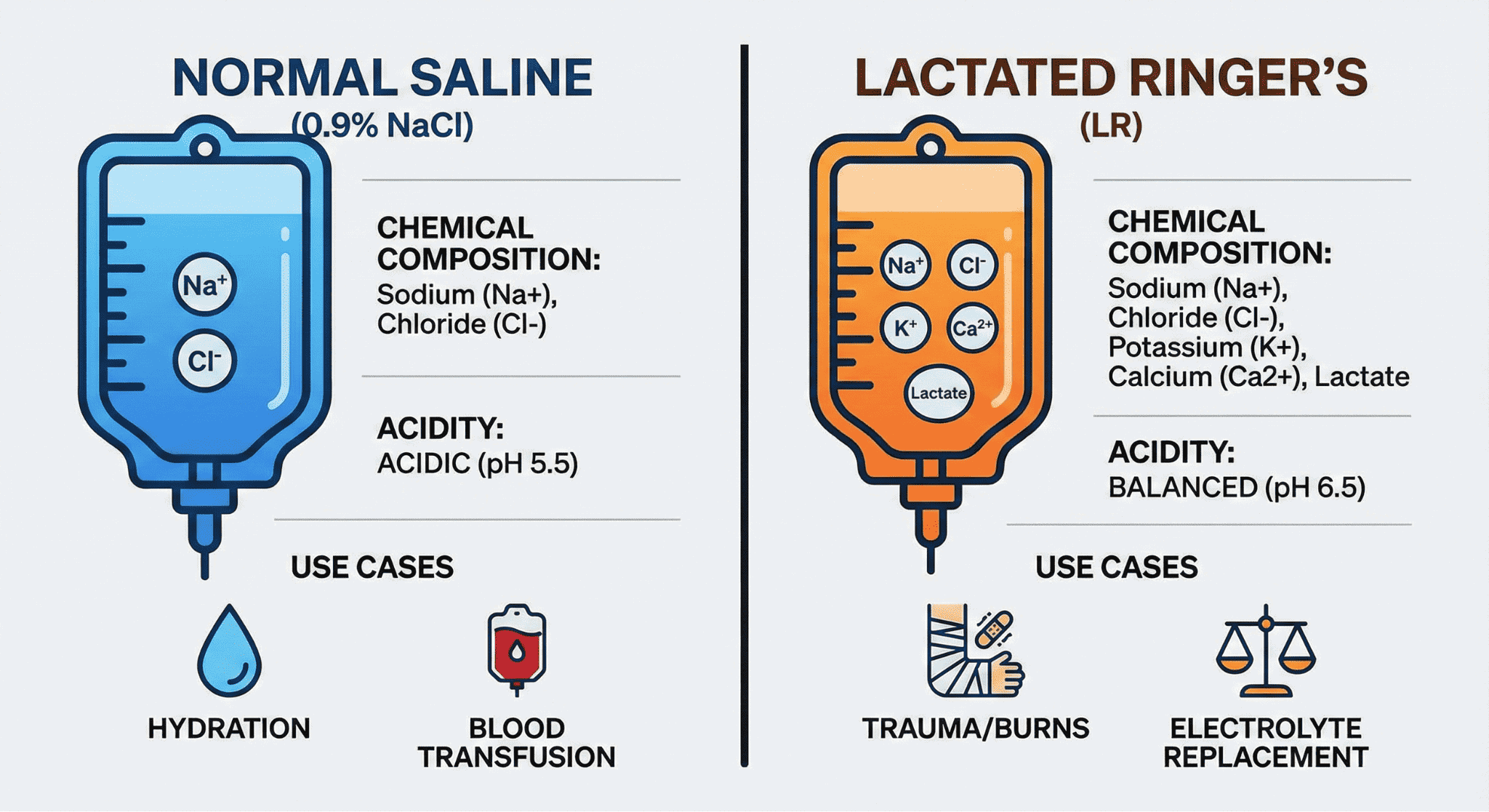 Comparison chart showing ingredient and usage differences between Normal Saline and Lactated Ringer’s