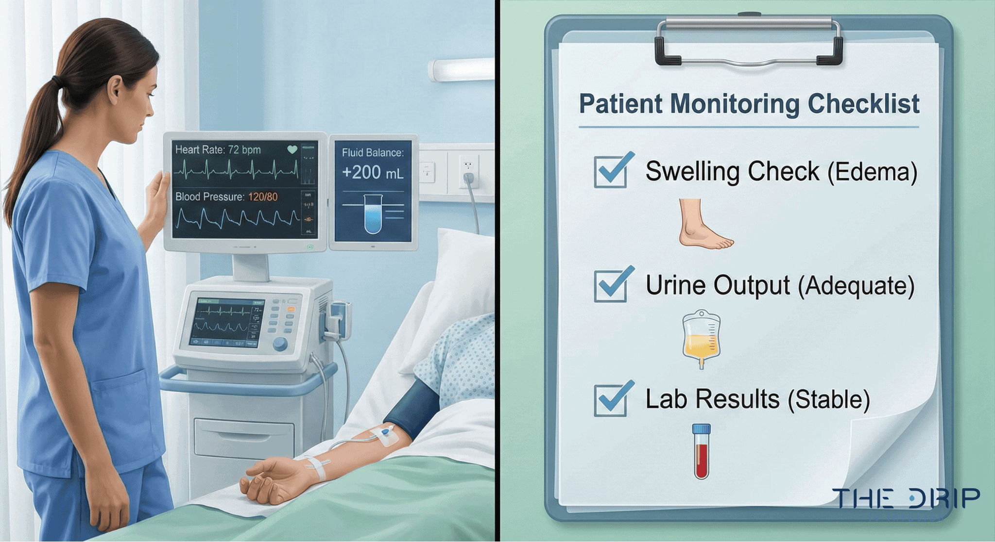 Nurse monitoring patient during Normal Saline IV infusion with checklist and vital signs