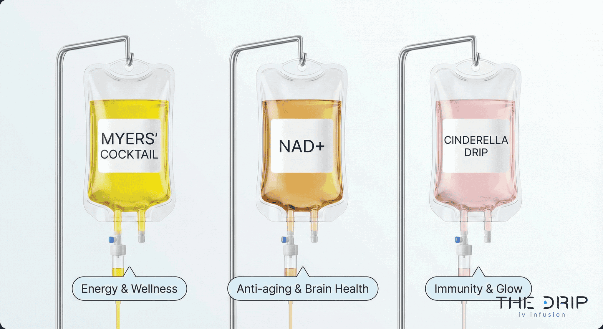 Visual lineup of popular IV drip formulas including NAD+ and Myers’ Cocktail