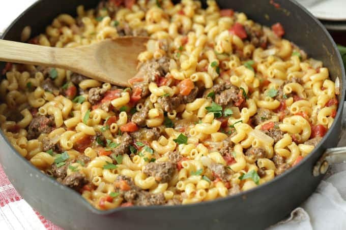 This one-pot Cheeseburger Skillet Casserole is just like that cheeseburger macaroni we all loved as kids, but only better because it is homemade. It's an easy and delicious budget-friendly dinner idea.