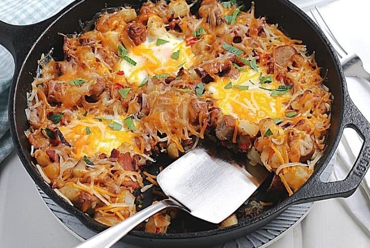 Have breakfast ready in a pinch with this Breakfast Skillet recipe. It combines classic breakfast favorites, including bacon, sausage, and eggs.