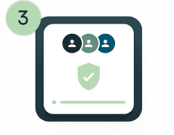 Powered virtual assistant interface with user icons and security checkmark.