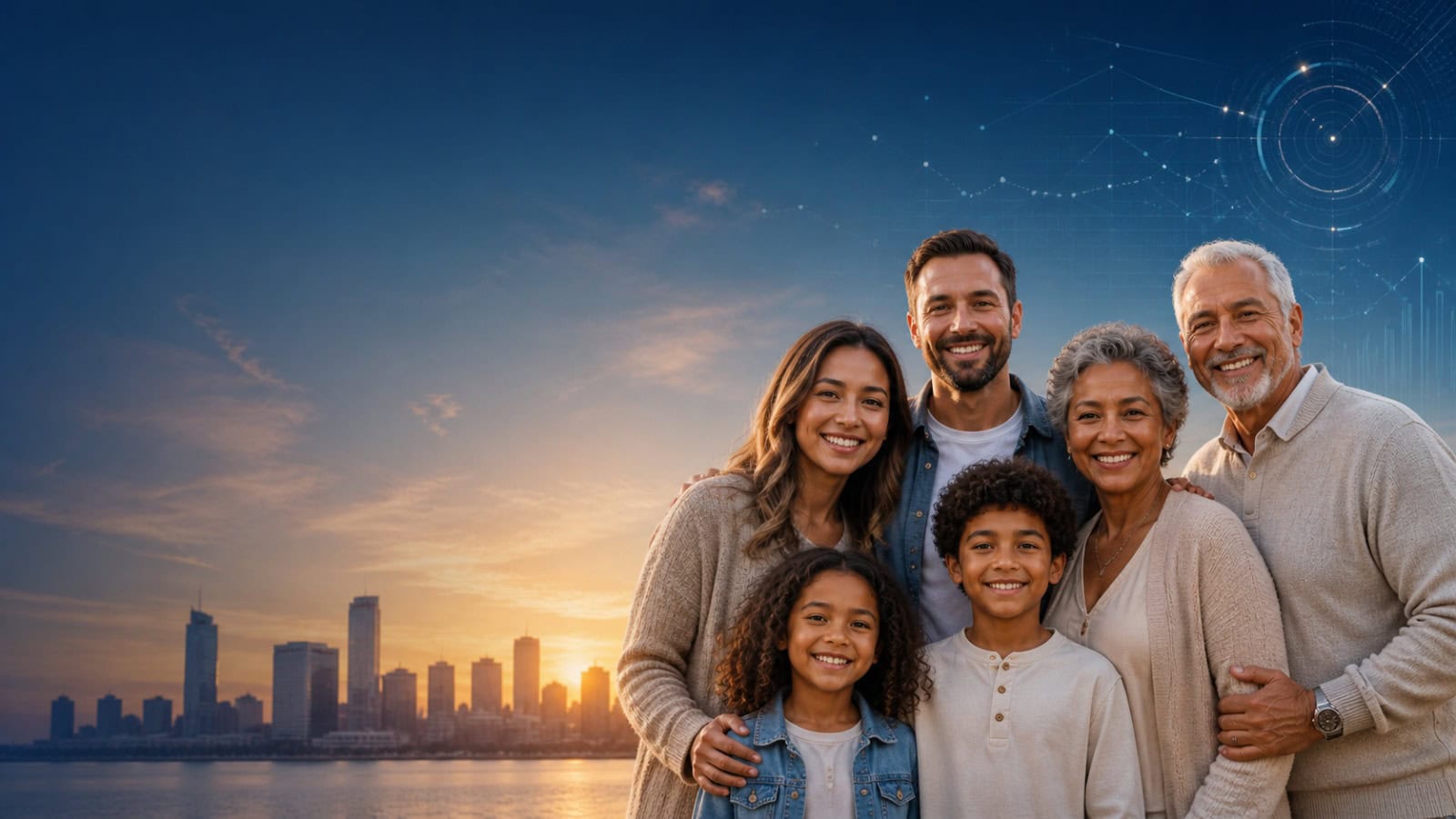 Three generations of one family at sunset — grandparents, parents, and two kids