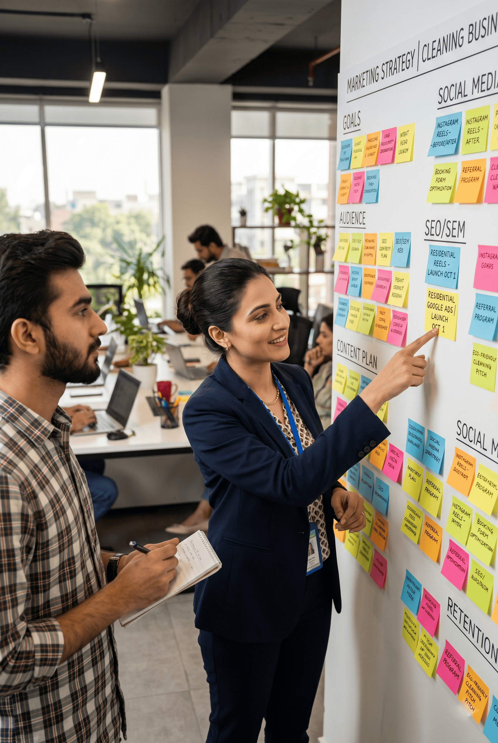 Moppsters marketing team working on cleaning business strategy