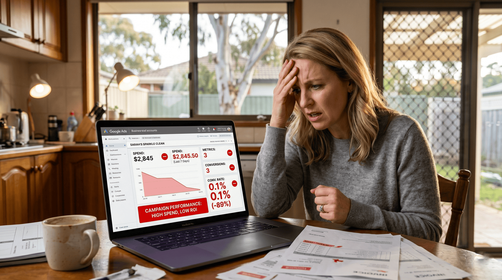 Frustrated cleaning business owner reviewing poor Google Ads results