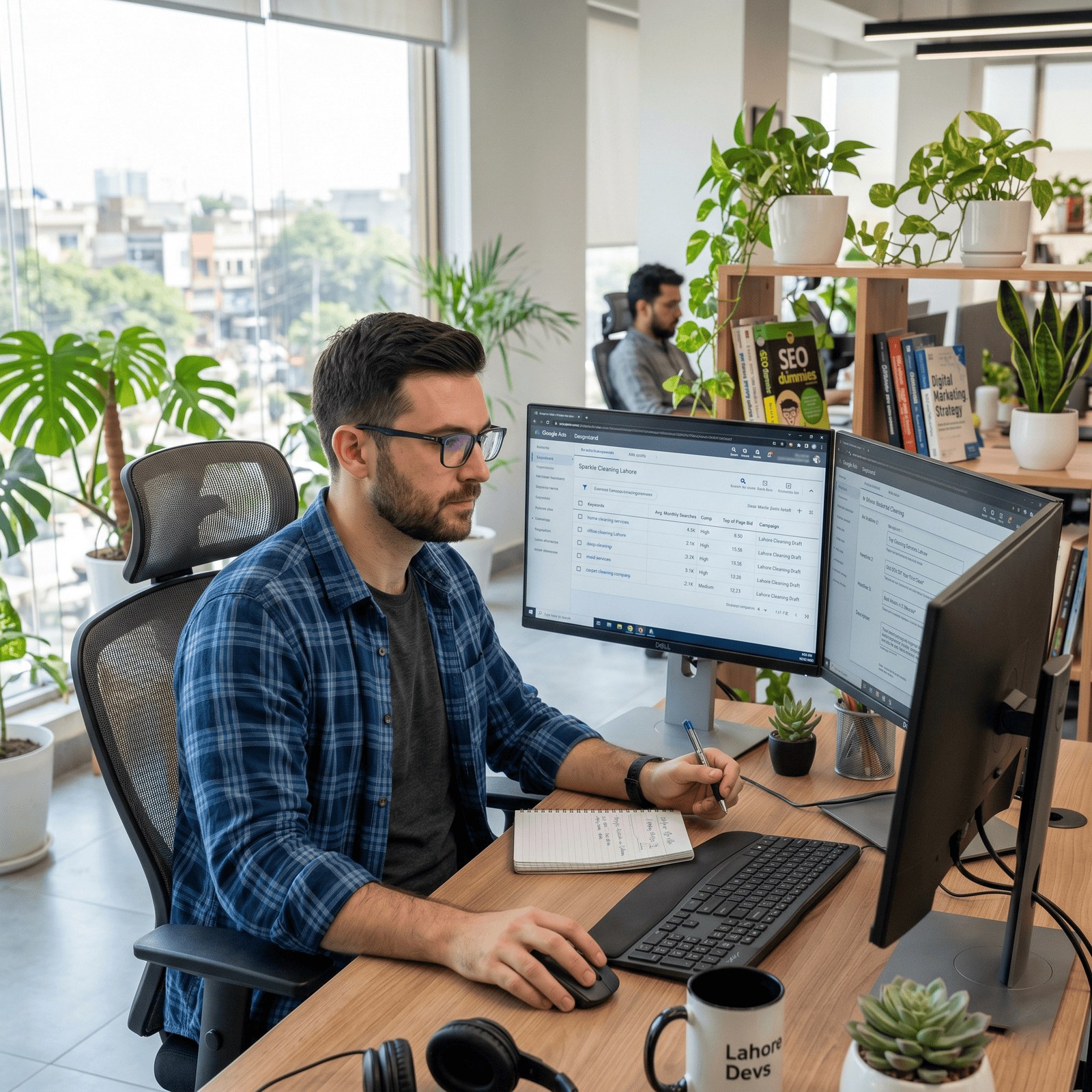Marketing specialist reviewing cleaning company performance