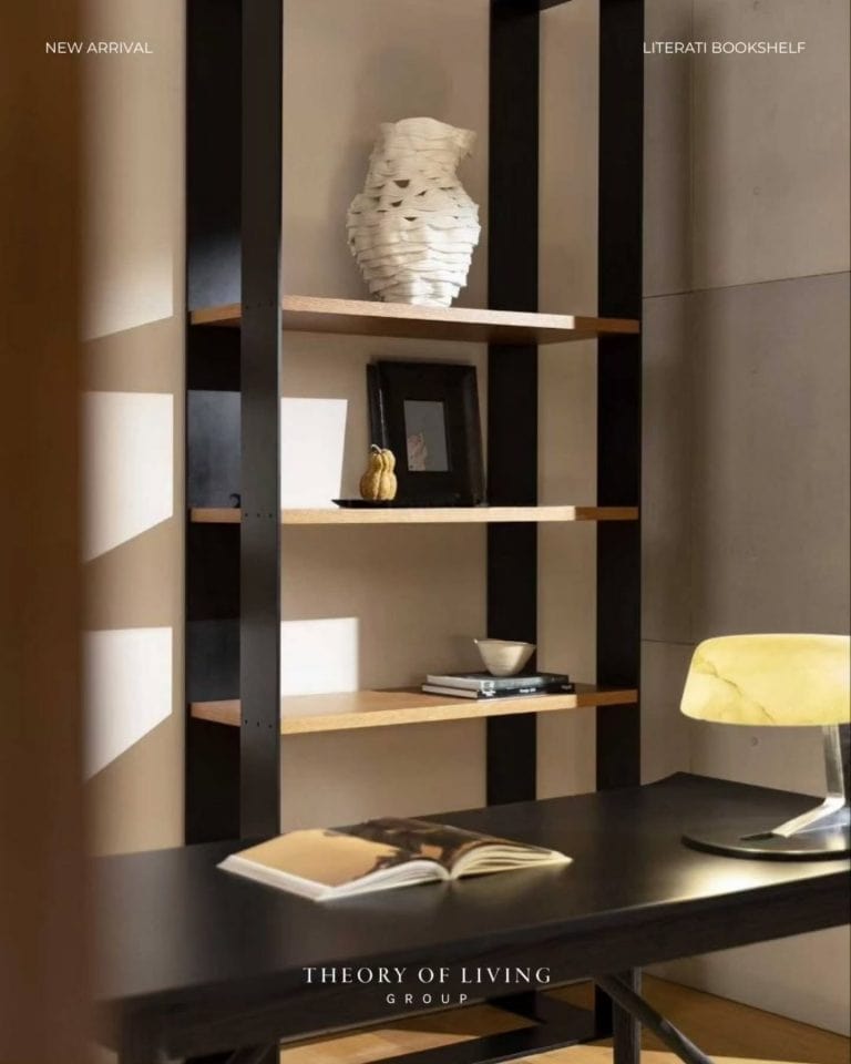 Theory of Living Instagram — credenza, shelf, chest of drawers, desk, indoors, office and text