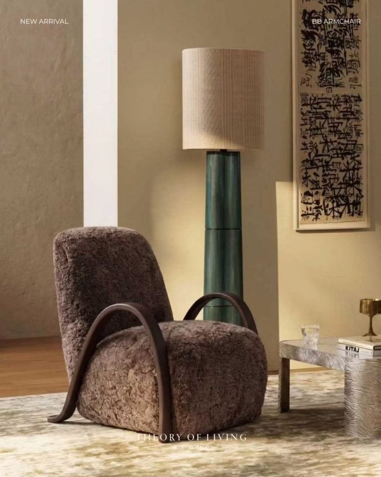 Theory of Living Instagram — lighting, lamp, armchair, chaise longue, lampshade, indoors and text