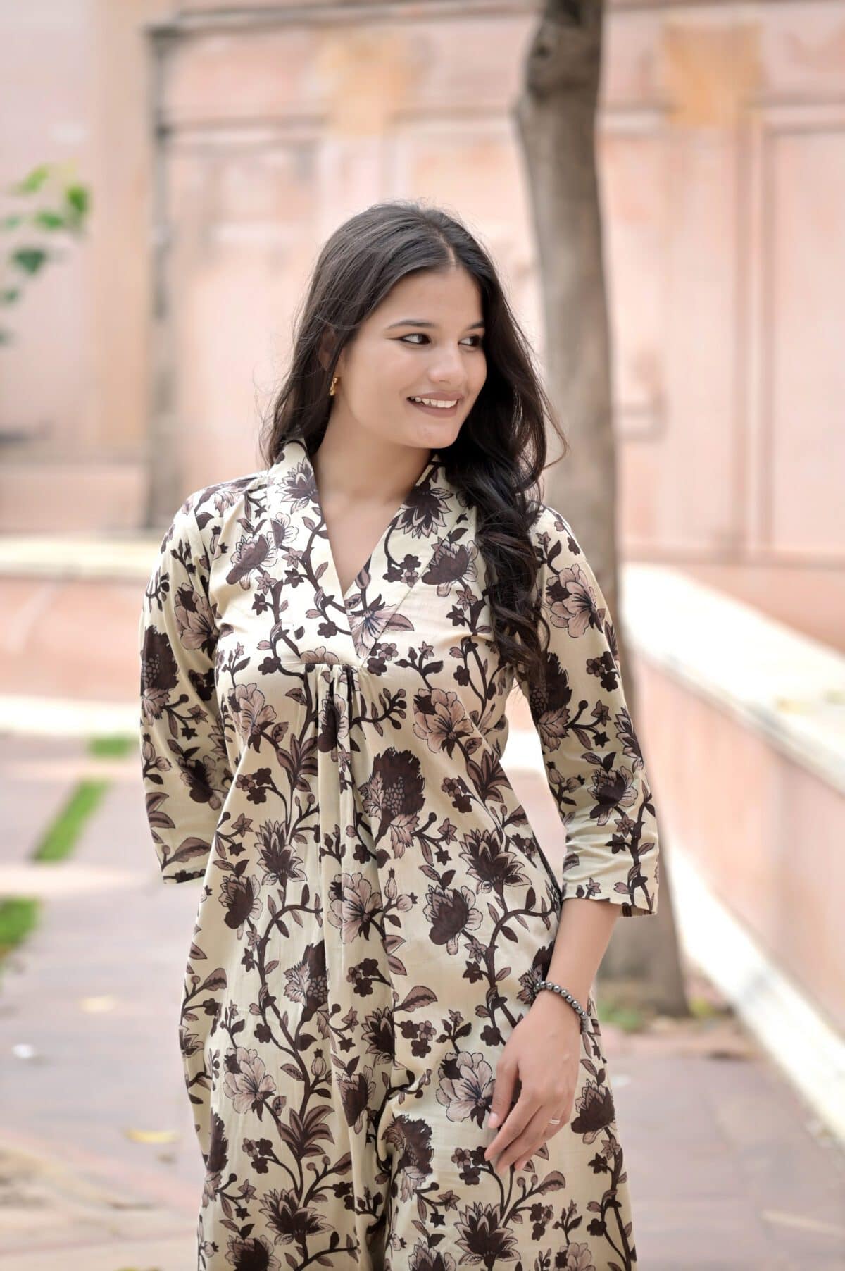 Brown Floral Printed Anarkali Set