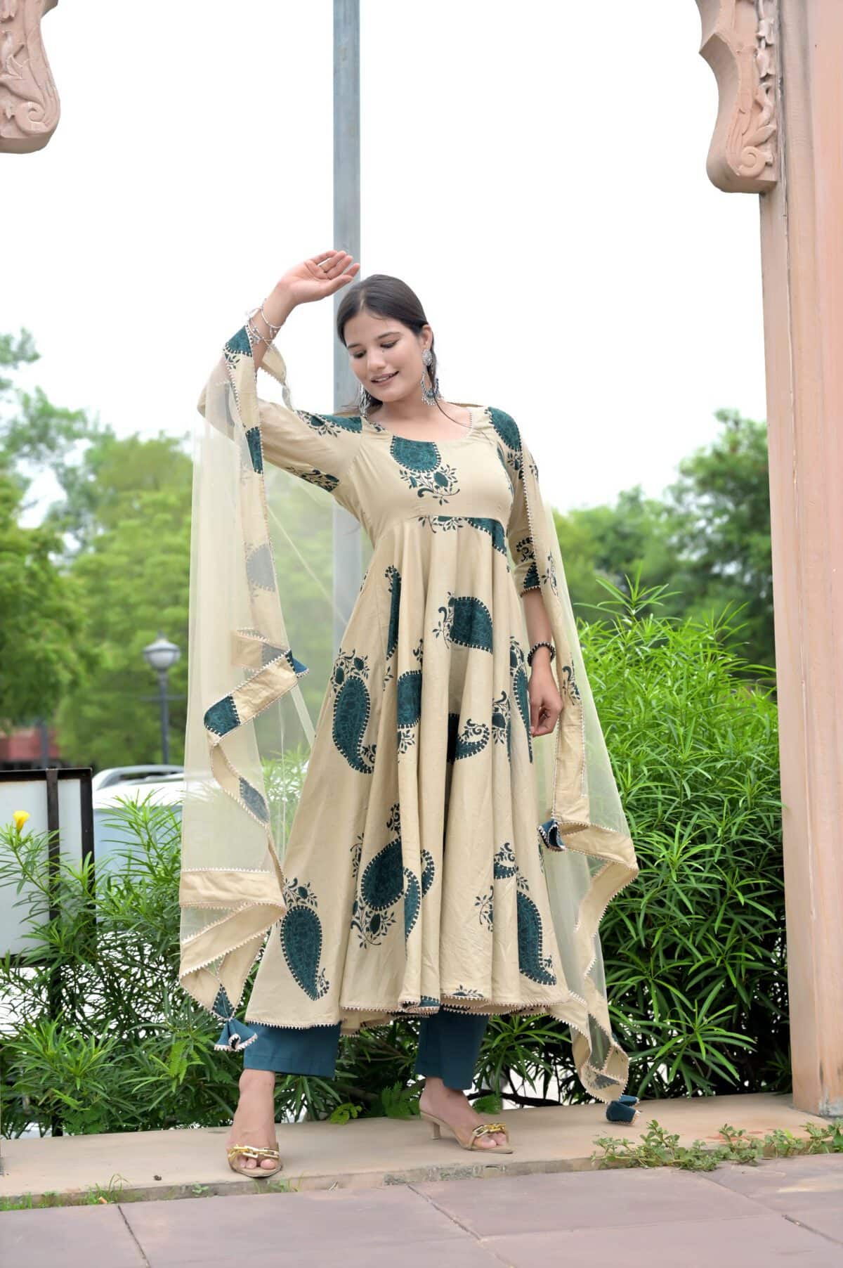 Ivory Teal Paisley Anarkali Set