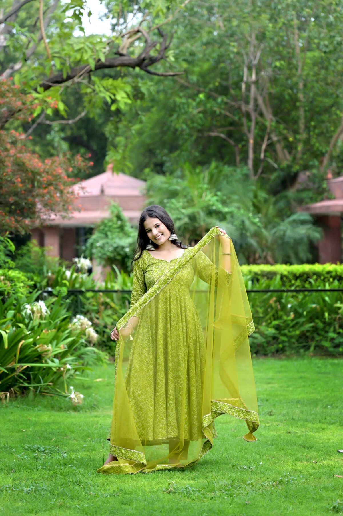 Lime Green Printed Anarkali Set