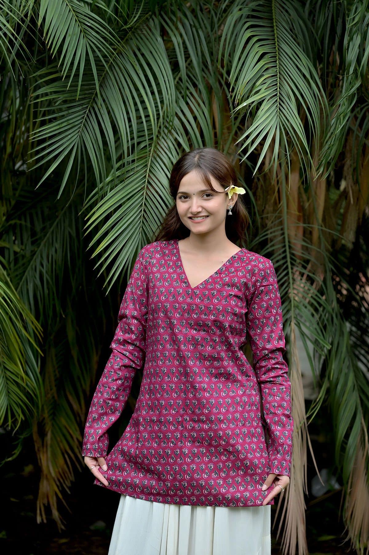 Magenta Floral Printed Short Kurti