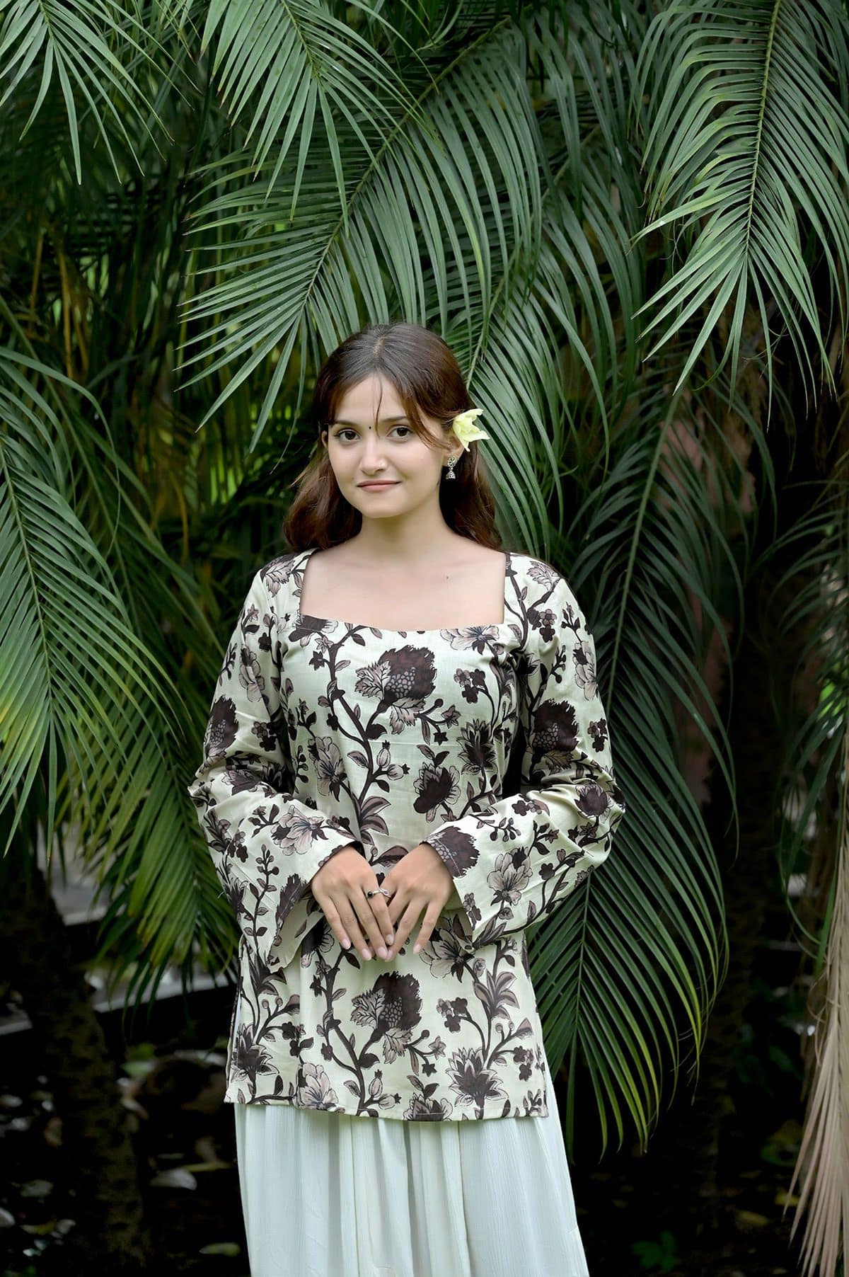 Off-White & Brown Floral Printed Short Kurti