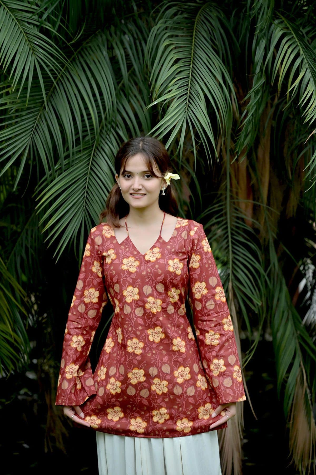 Rust Floral Printed Short Kurti