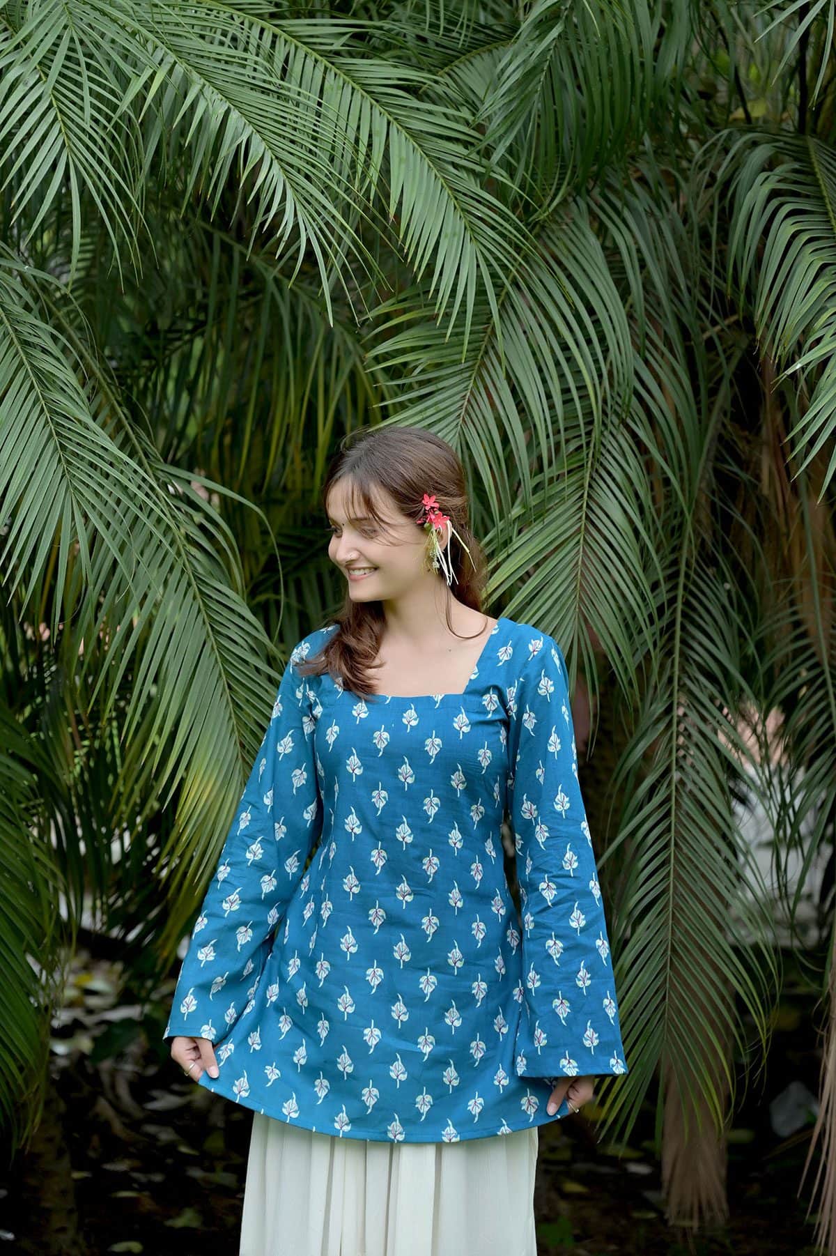 Teal Blue Leaf Printed Short Kurti