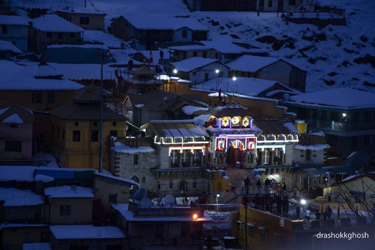 The Badrinath temple at night