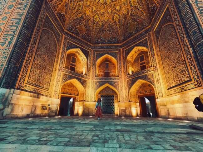 madrasa view at sunset in samarkand