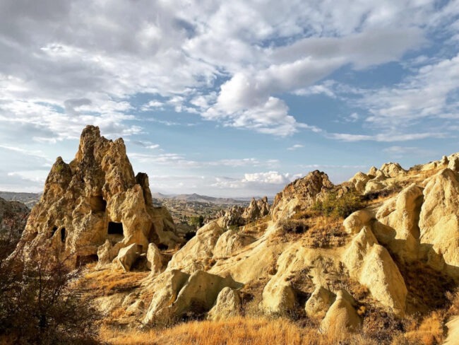 fairy chimneys view in cappadocia at sunset