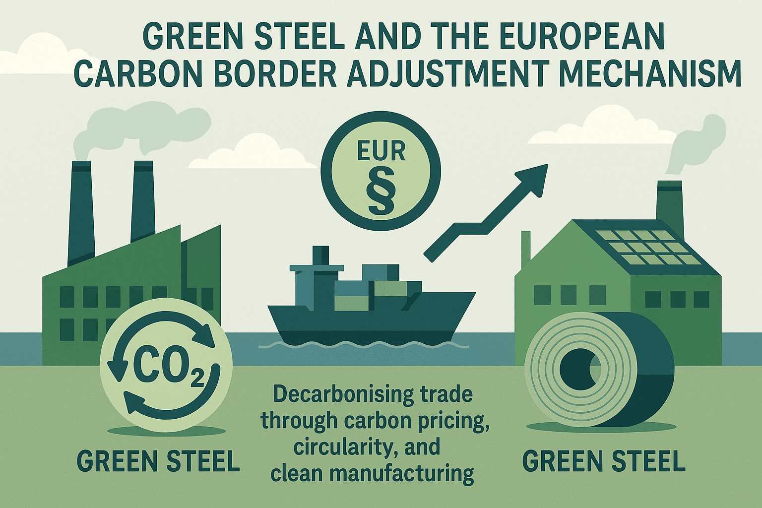 Green steel and CBAM infographic Green steel and CBAM infographic showing hydrogen DRI/HBI and EU carbon pricing at the border