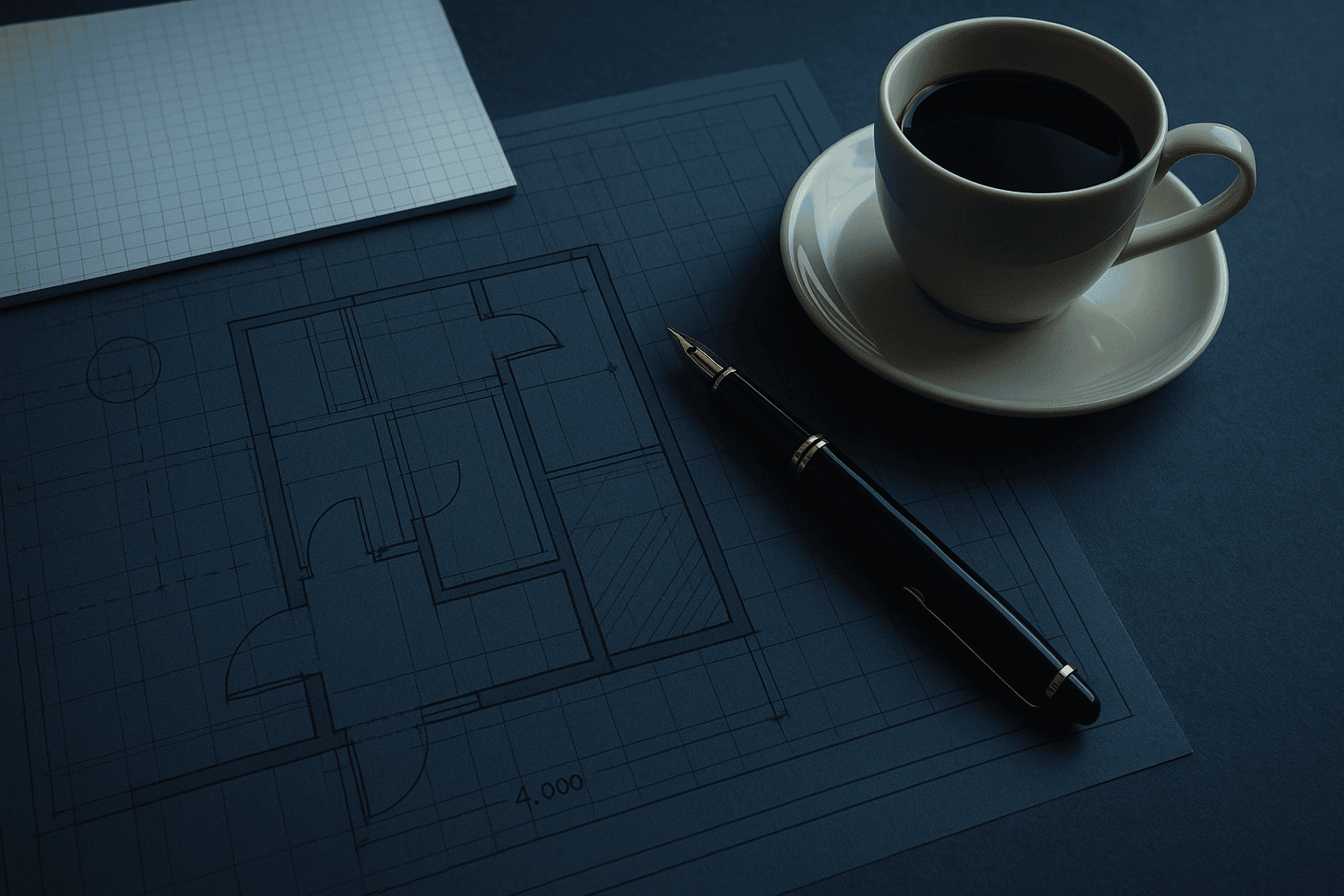 Home 1 Blueprint notes on a dark drafting table