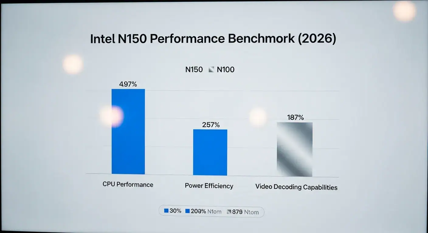 인텔 N150의 2026년 성능 벤치마크 결과를 보여주는 그래프. 2026년 인텔 N150 vs AMD 미니 PC 가성비 비교 및 추천에 중요한 데이터.