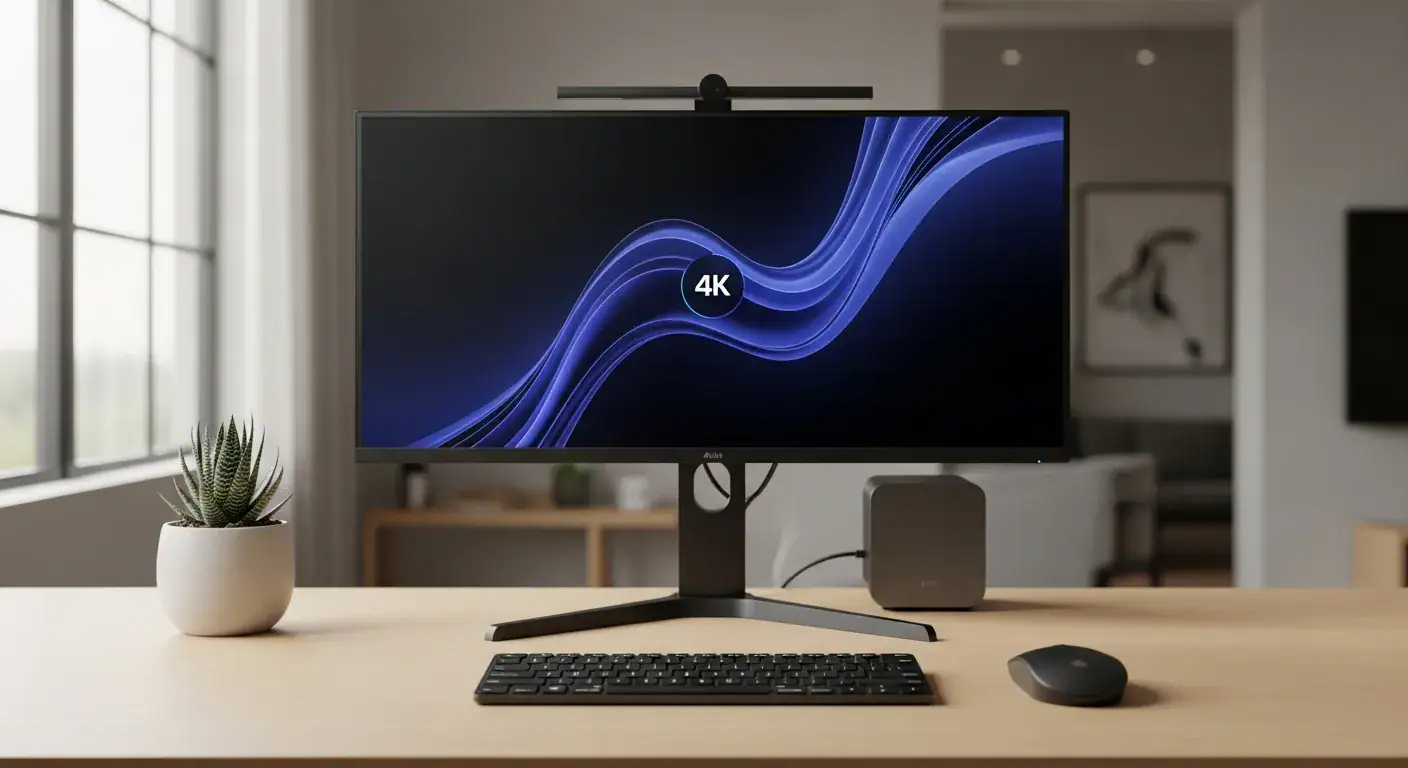 미니 PC를 활용한 2026년의 깔끔한 홈 오피스 환경. 2026년 인텔 N150 vs AMD 미니 PC 가성비 비교 및 추천에 어울리는 세련된 데스크 셋업.