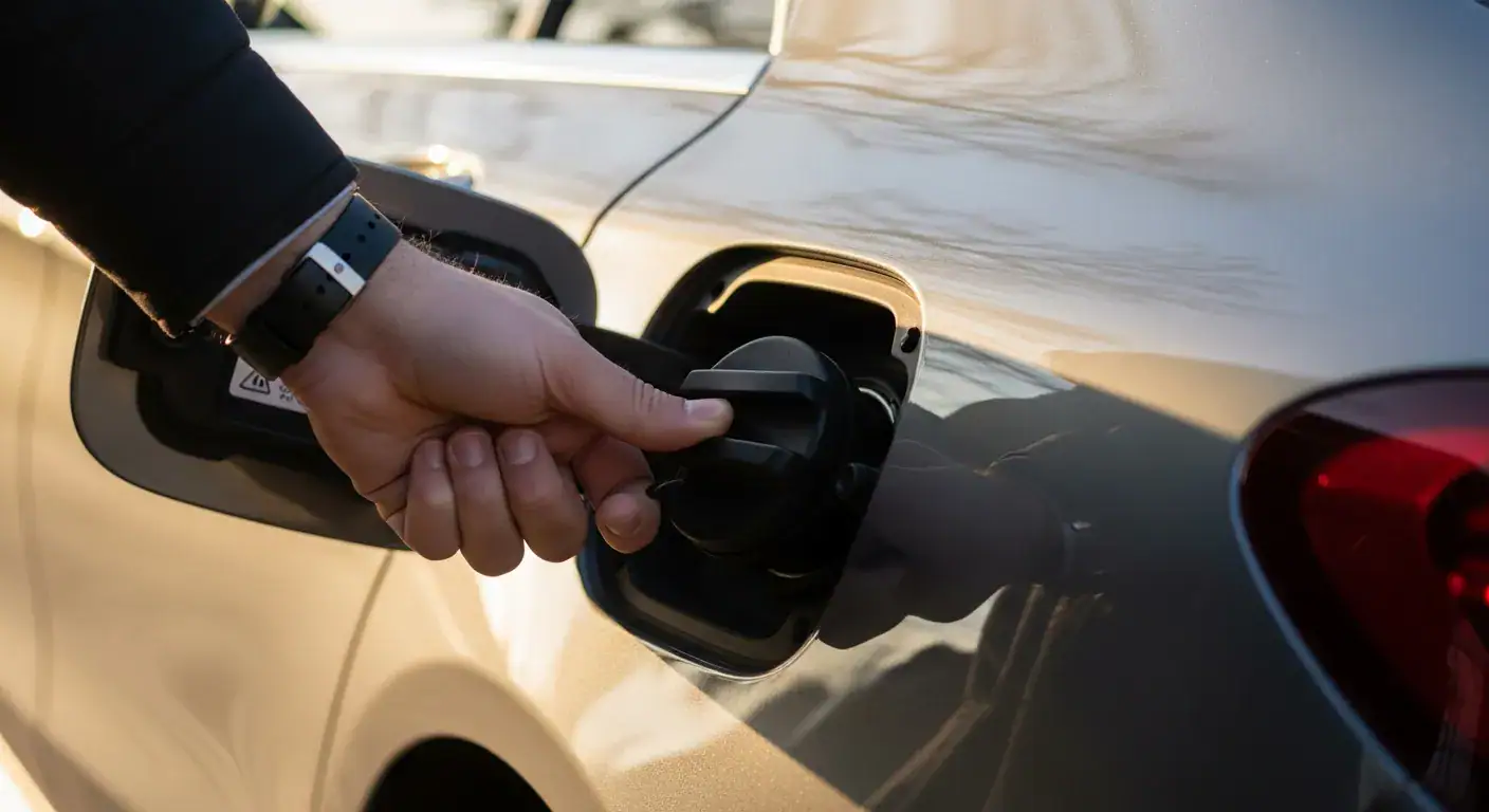 벤츠 엔진경고등의 가장 흔한 원인인 주유캡을 확인하는 모습