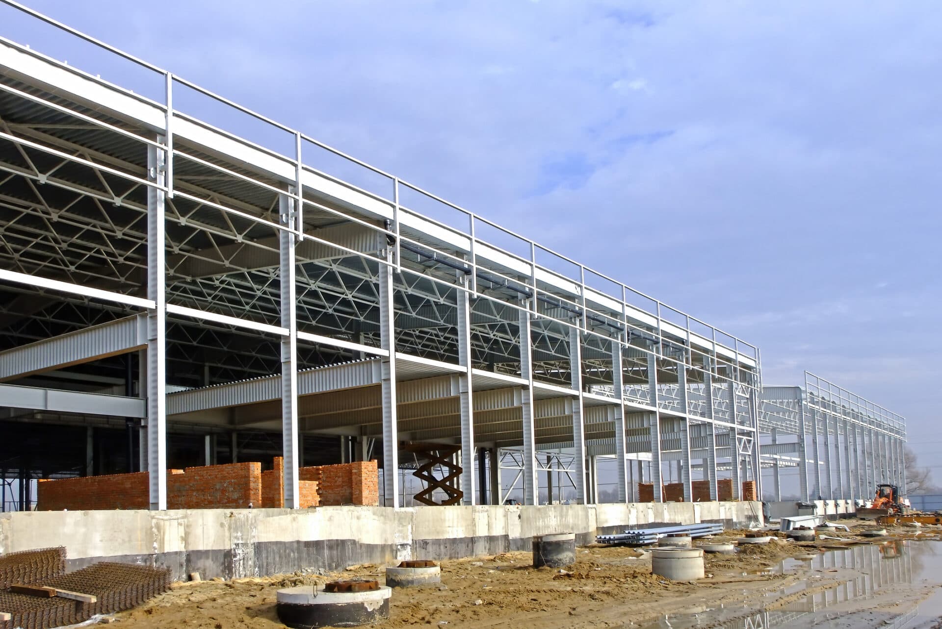 Large logistics complex steel structure under construction in Canada
