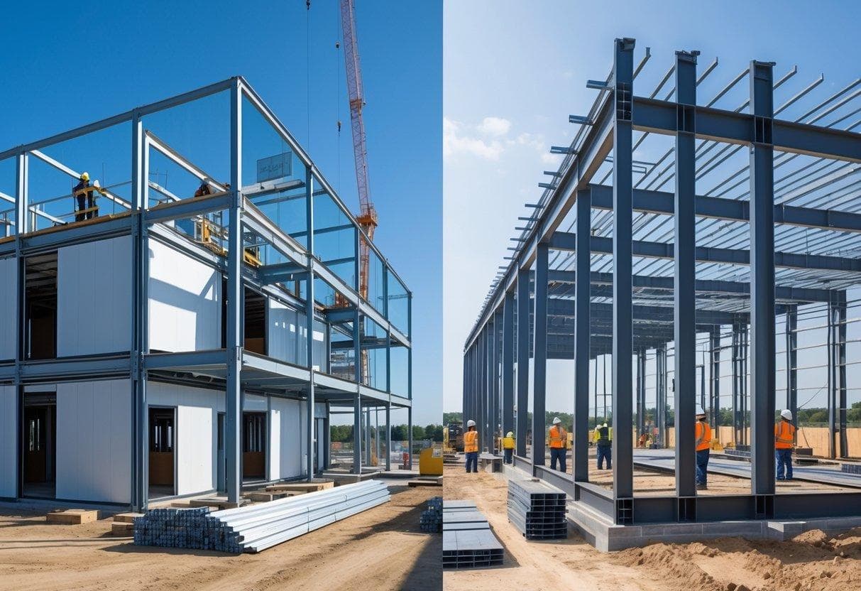 Construction site showing two steel buildings being assembled side by side, one with modular prefab panels and the other with a steel framework, with workers and equipment visible.
