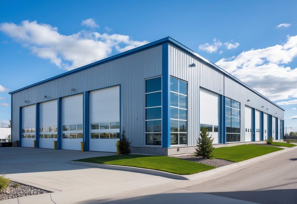 A prefabricated metal building with industrial doors and windows, surrounded by grass and shrubs, with the Edmonton skyline in the background under a clear sky.