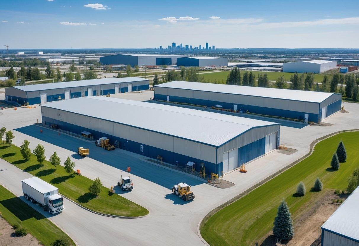 Several prefabricated metal buildings in an industrial area with trucks, workers, trees, and a city skyline in the background under a clear blue sky.