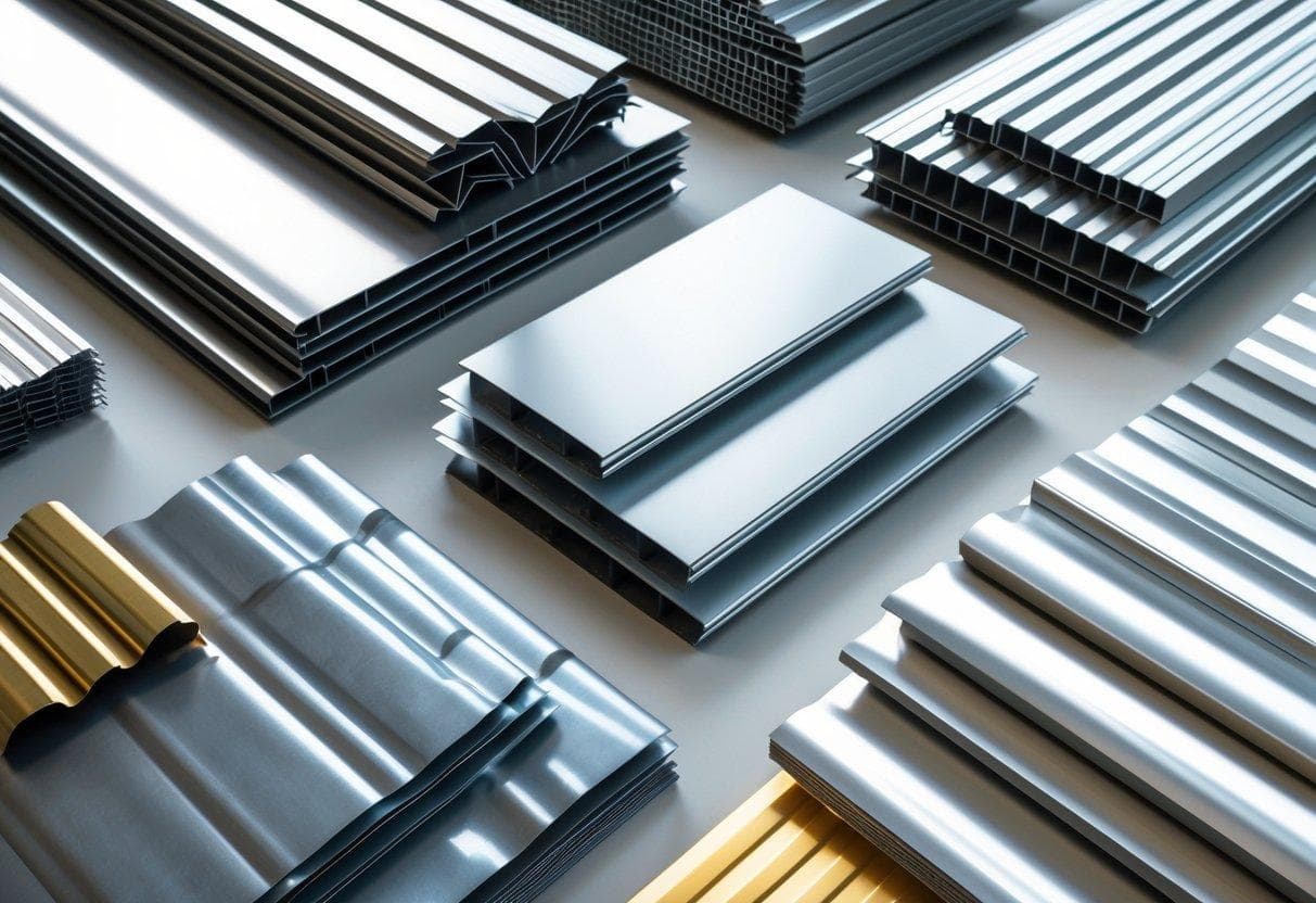 Various metal building materials including steel panels, corrugated sheets, insulated panels, aluminum sheets, and galvanized steel coils arranged on a plain background.