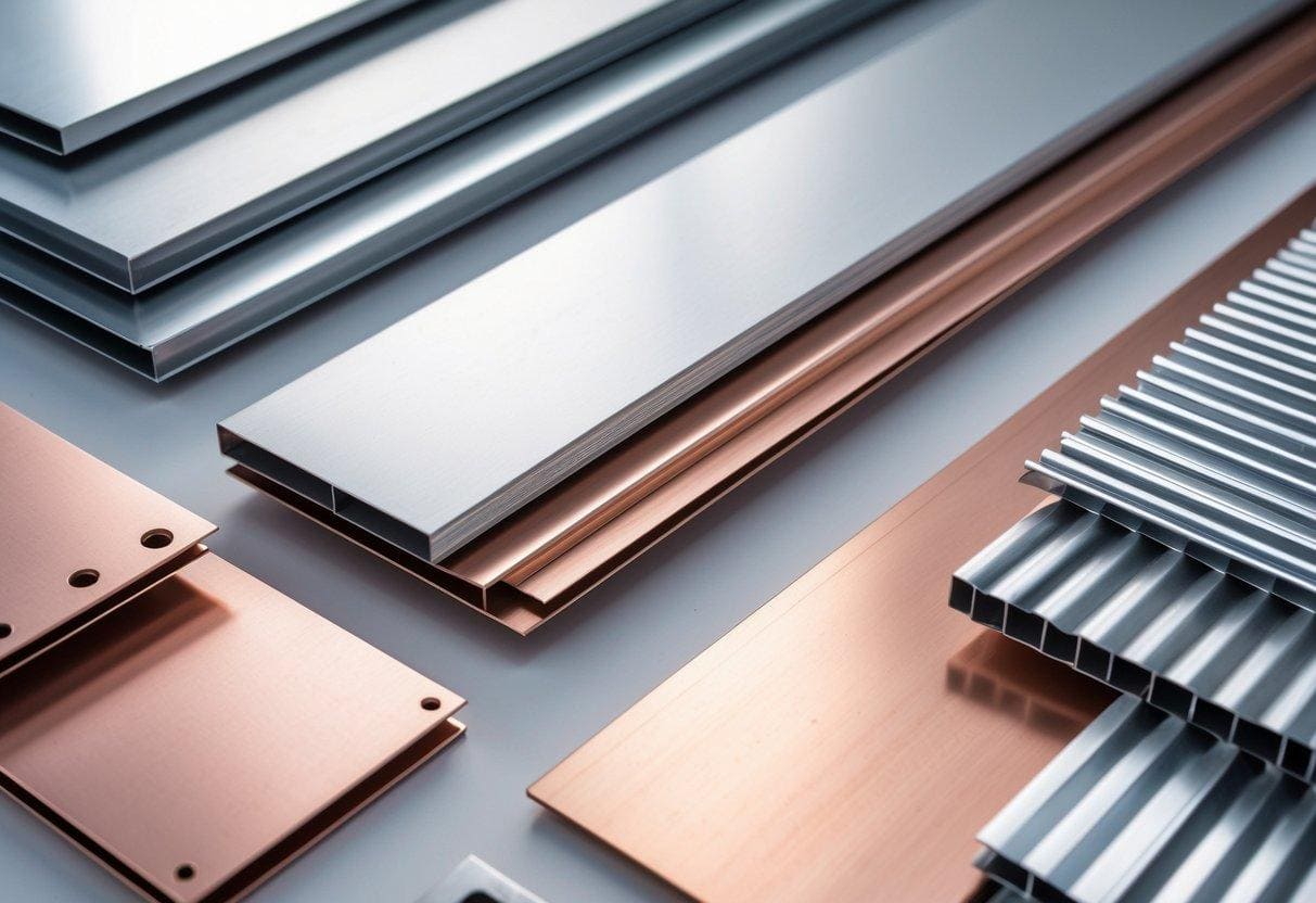 Close-up view of various metal samples including steel, aluminum, copper, and galvanized metal arranged on a light surface.
