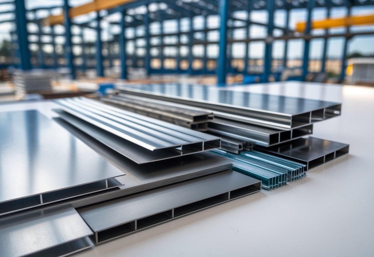 Various steel samples displayed on a white surface with a modern metal building under construction in the background.